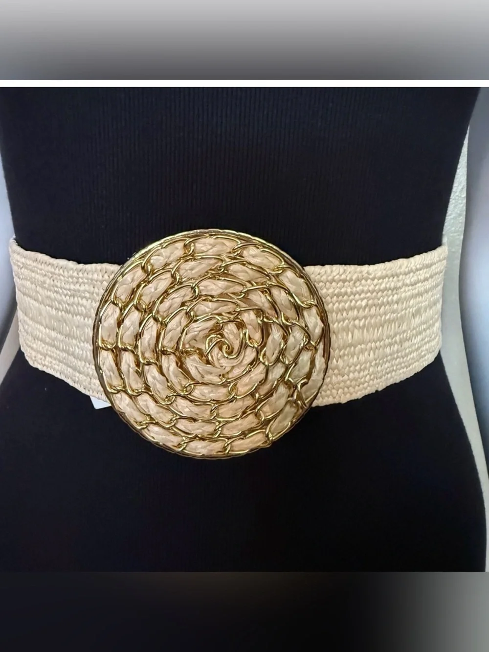 Bohemian beige paper waistband circle buckle waist belt